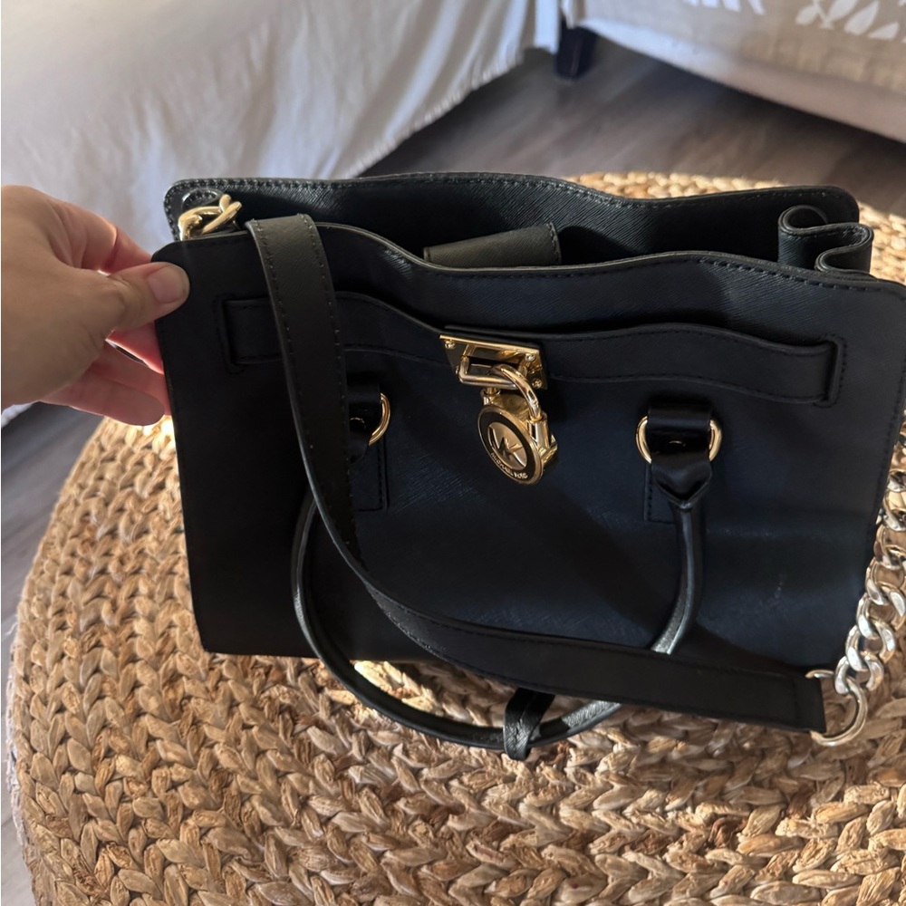 Michael Kors Black Leather Satchel with Gold-Tone Lock